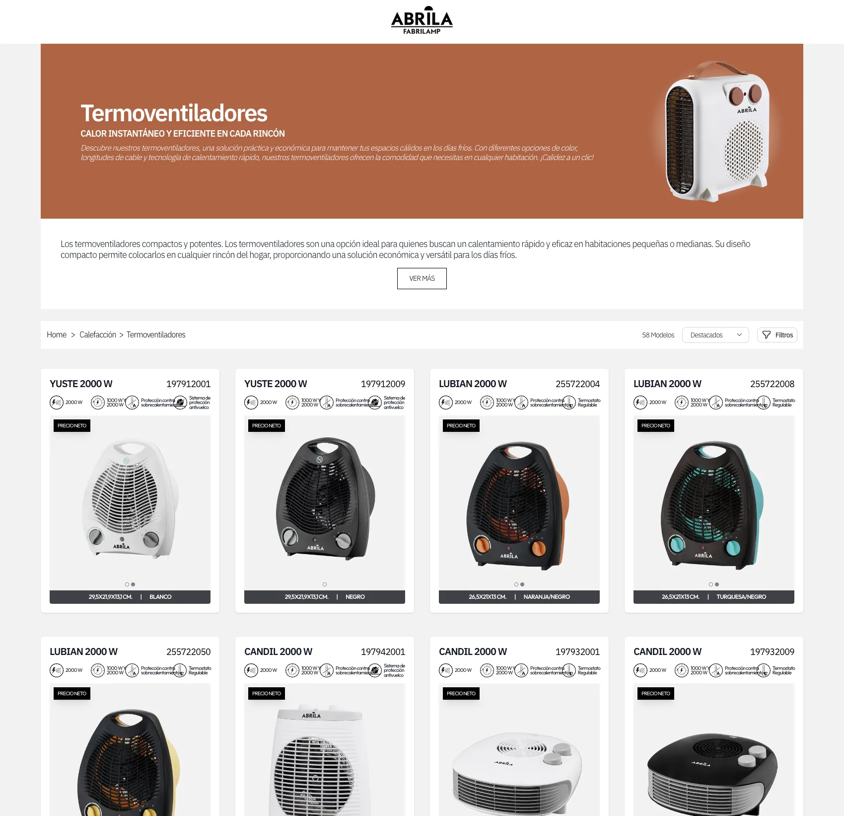 Abrila Web product catalog showing heater products with filtering by category, finish, and specifications
