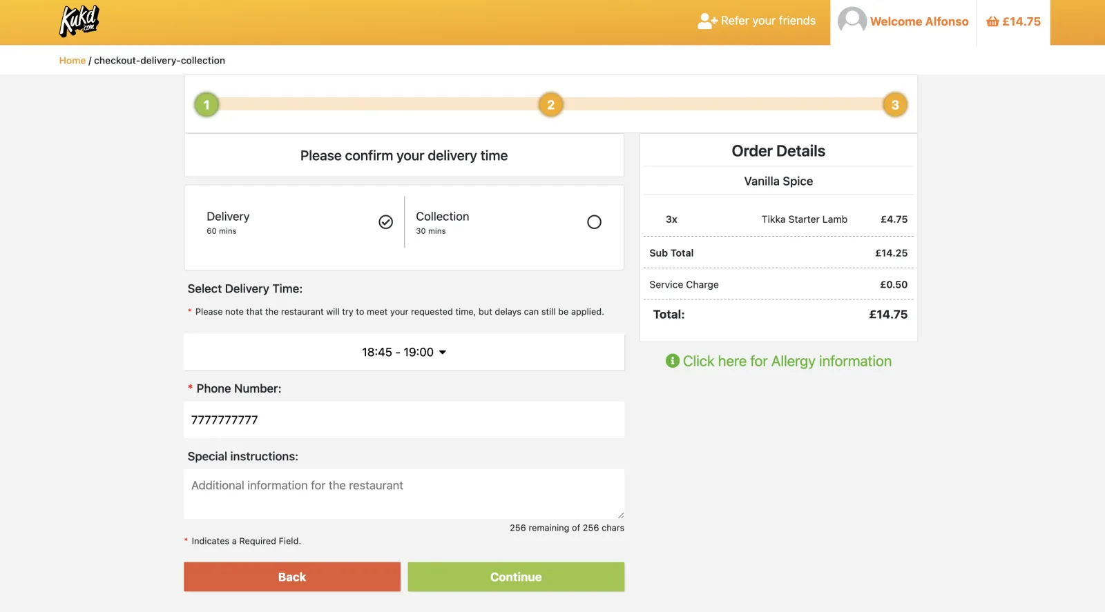 Kukd.com restaurant menu page with food items and pricing details