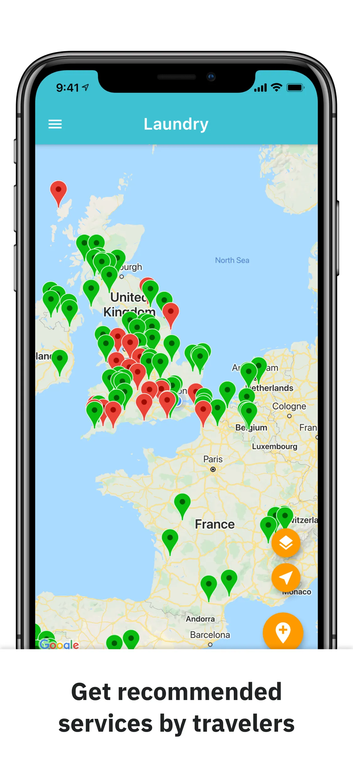 Nomad Services app home screen showing nearby traveler services on map