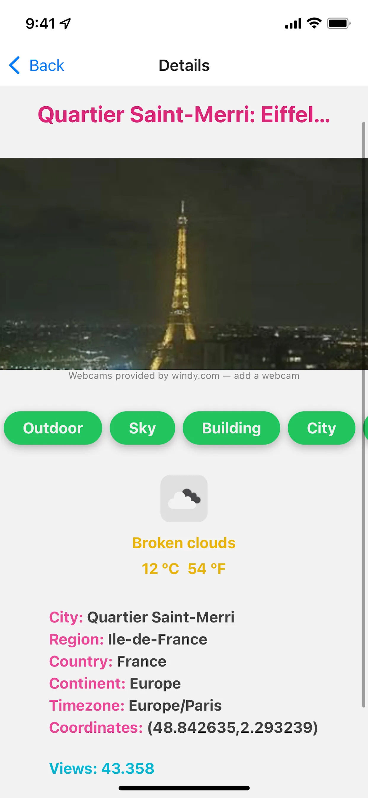 Overview Webcams v2 app map view with webcam location pins